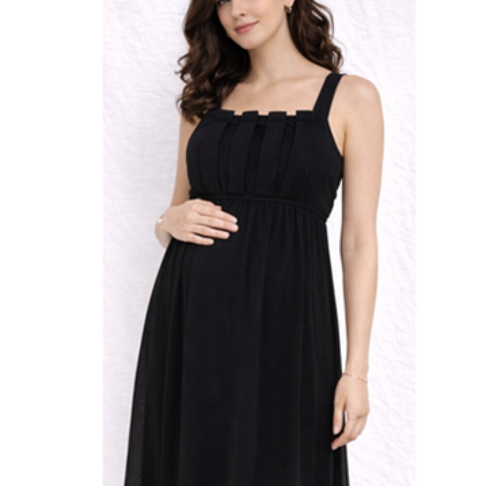 LIZ LANGE MATERNITY   BLACK PLEATED BODICE SEMI-SHEER LINED MATERNITY DRESS SZ:M